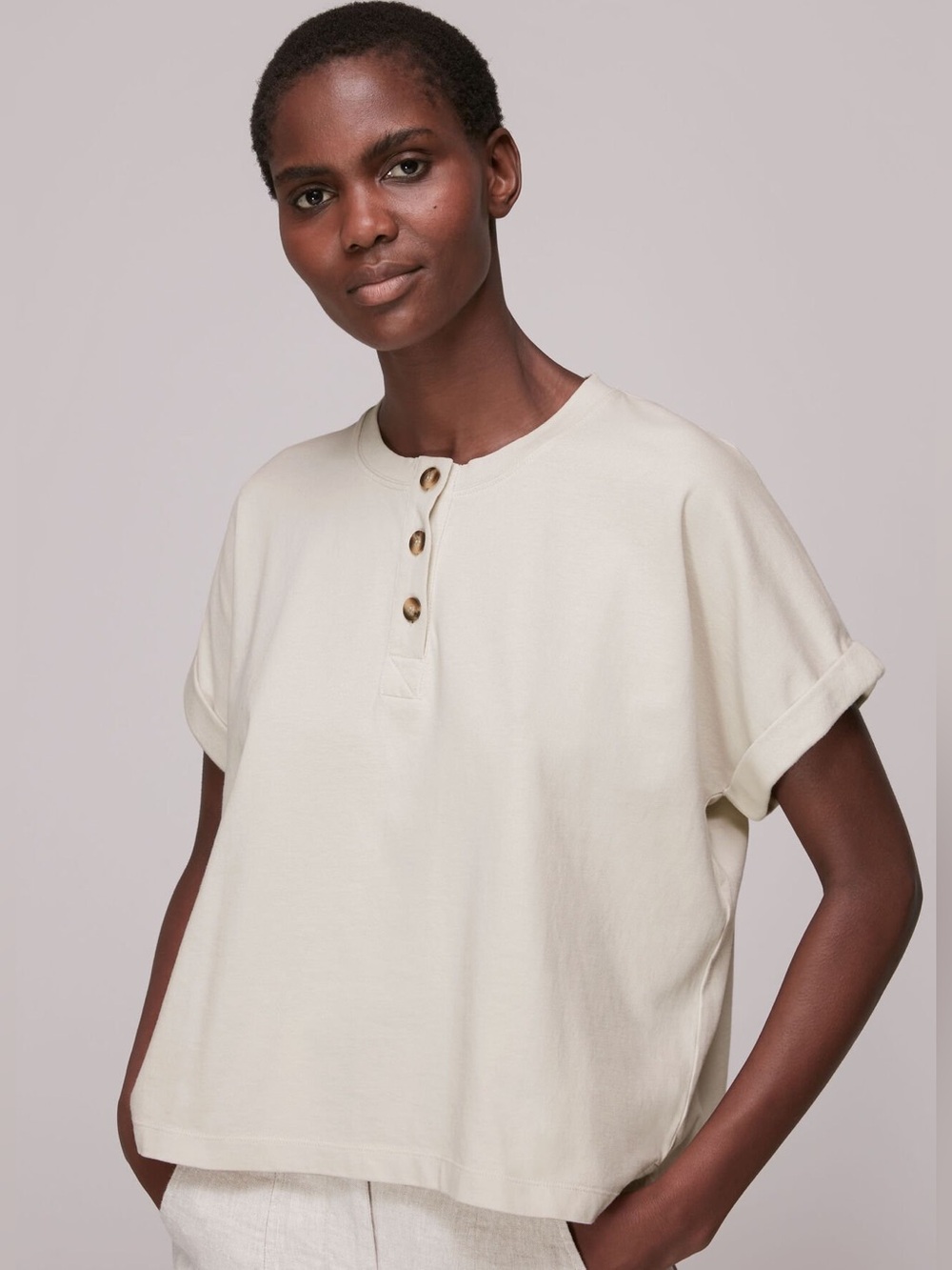 Whistles Beige Round Neck Henley Tee Size XS